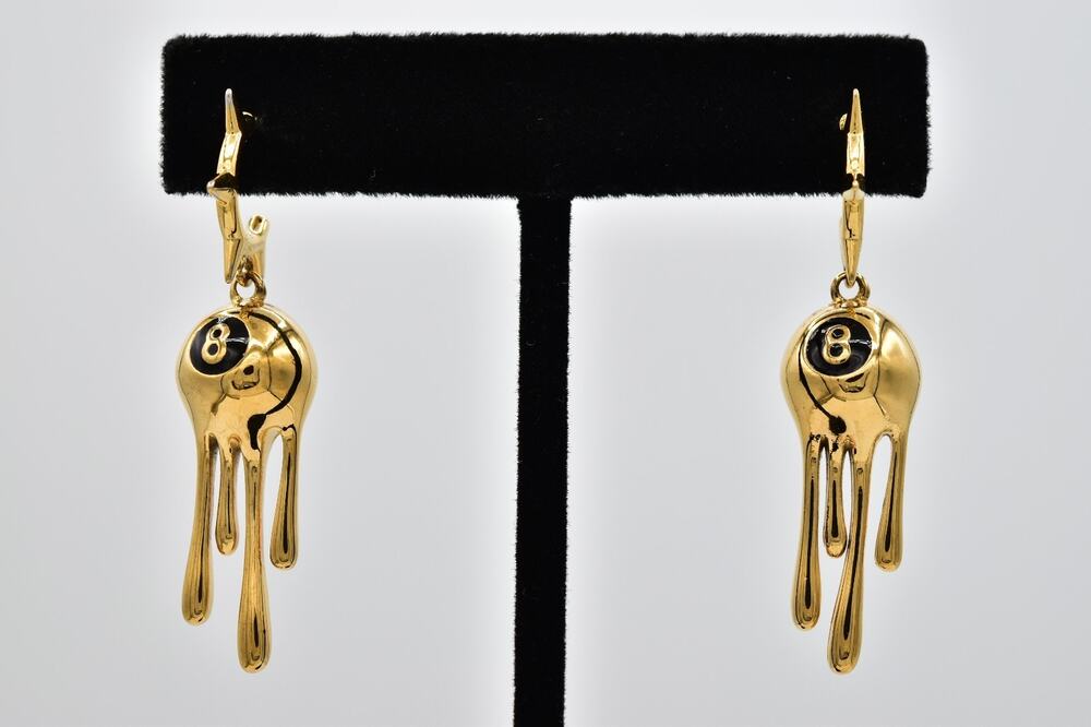 Frou York Lucky 8 Ball Liquid Drip Earrings Gold Tone Novelty Y2K Dangle BinAZ